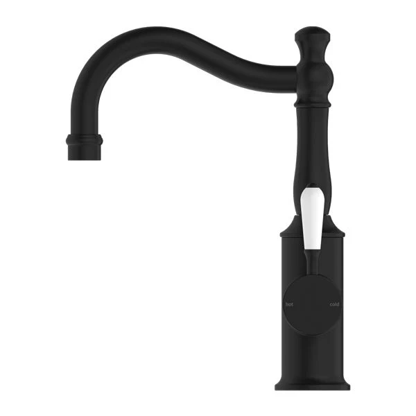 Nero York Basin Mixer Hook Spout With White Porcelain Lever - Black Matte - Image 2