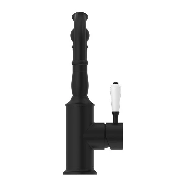 Nero York Basin Mixer Hook Spout With White Porcelain Lever - Black Matte - Image 3