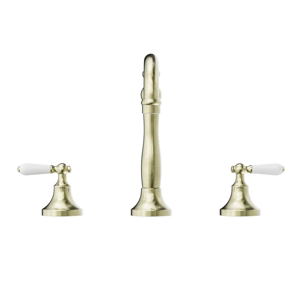 Nero York Basin Set With White Porcelain Lever - Aged Brass - Image 2