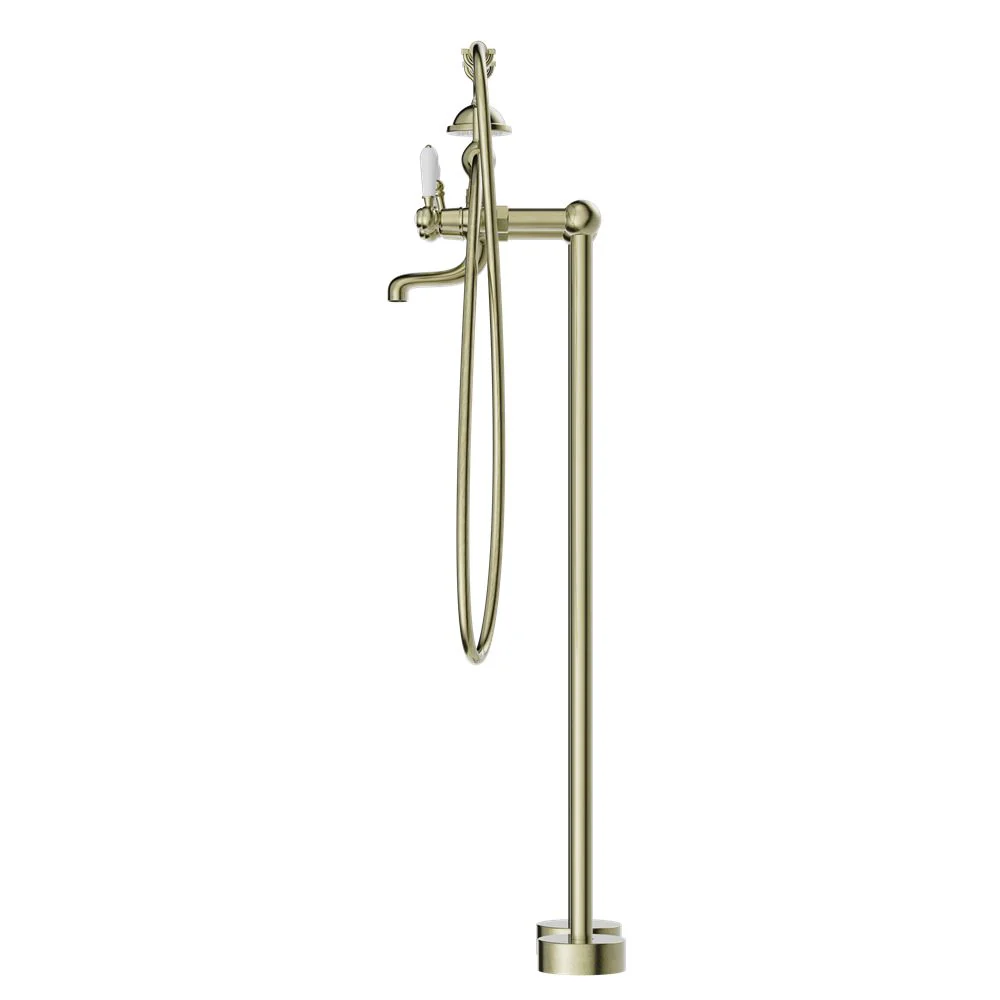 Nero York Freestanding Bath Set With White Porcelain Hand Shower - Aged Brass - Image 3