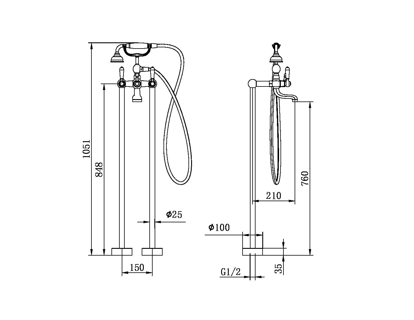 Nero York Freestanding Bath Set With White Porcelain Hand Shower - Aged Brass - Image 4