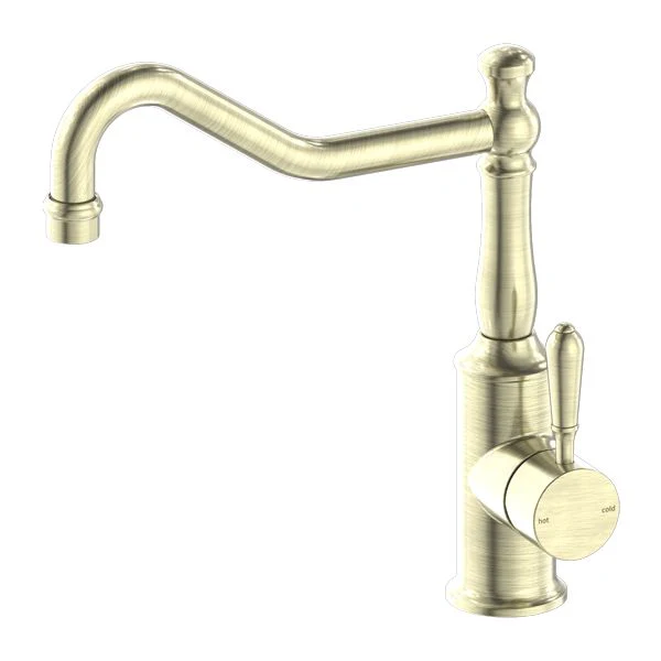 Nero York Kitchen Mixer Hook Spout With Metal Lever - Aged Brass