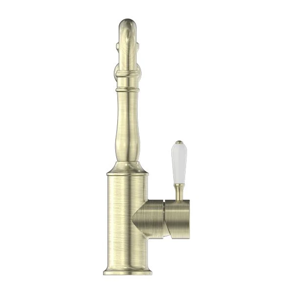 Nero York Kitchen Mixer Hook Spout With White Porcelain Lever - Aged Brass - Image 2