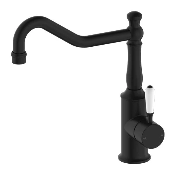 Nero York Kitchen Mixer Hook Spout With White Porcelain Lever - Black Matte