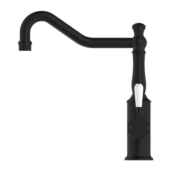 Nero York Kitchen Mixer Hook Spout With White Porcelain Lever - Black Matte - Image 3