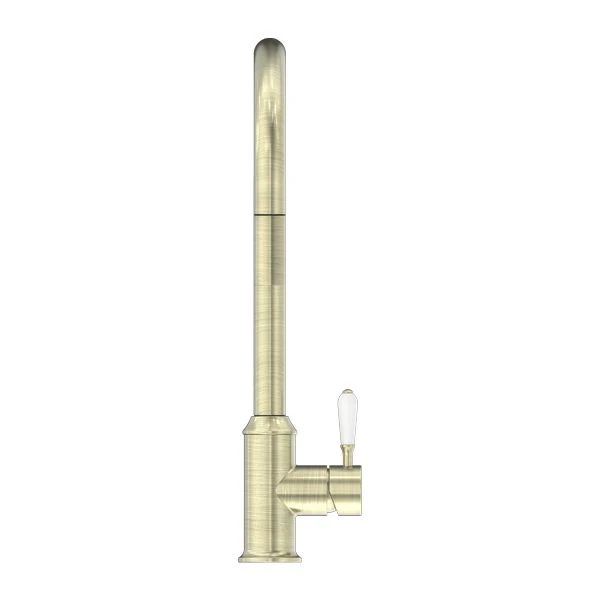 Nero York Pull Out Sink Mixer With Vegie Spray Function With White Porcelain Lever - Aged Brass - Image 2