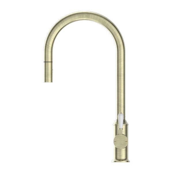 Nero York Pull Out Sink Mixer With Vegie Spray Function With White Porcelain Lever - Aged Brass - Image 3