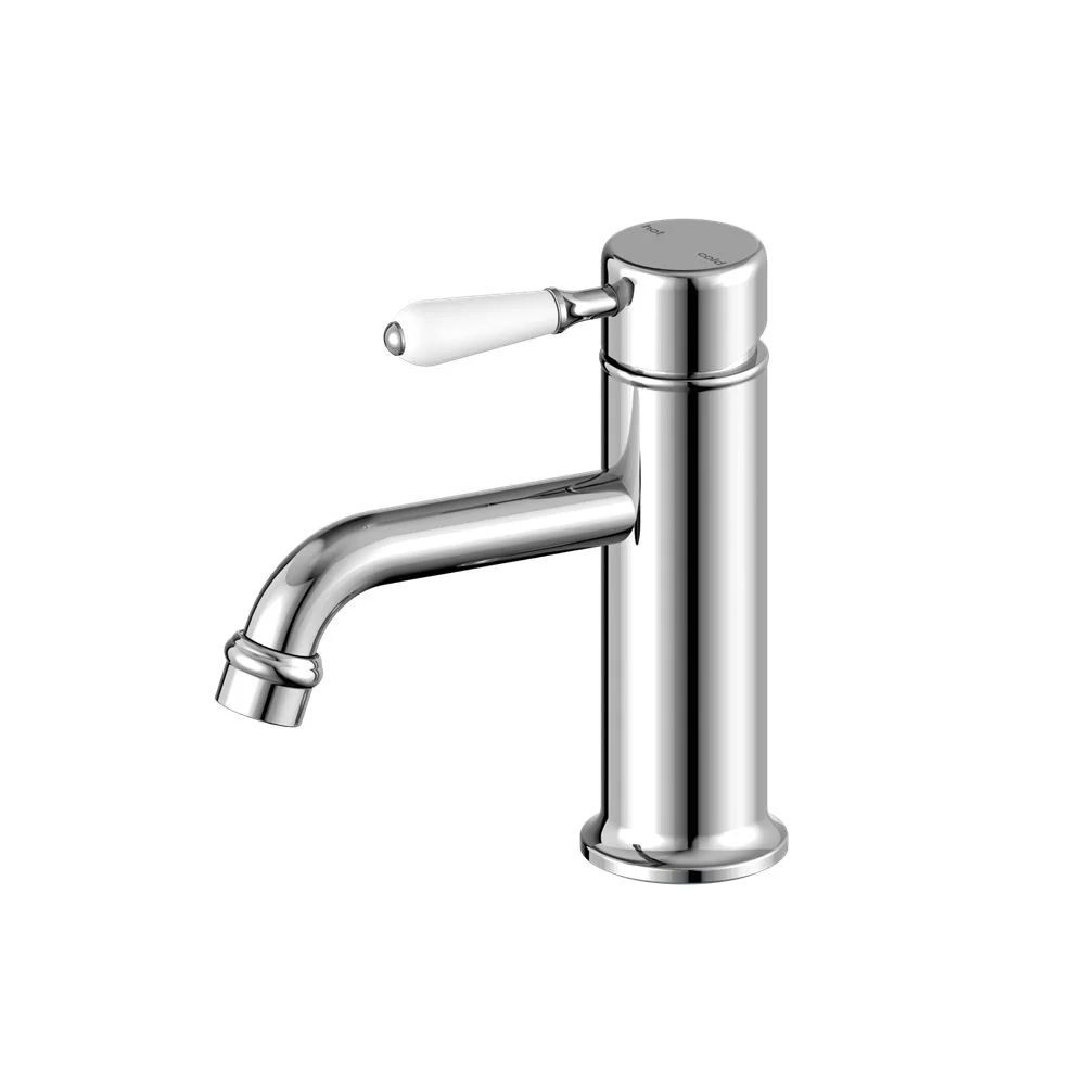 Nero York Straight Basin Mixer With White Porcelain Lever - Chrome