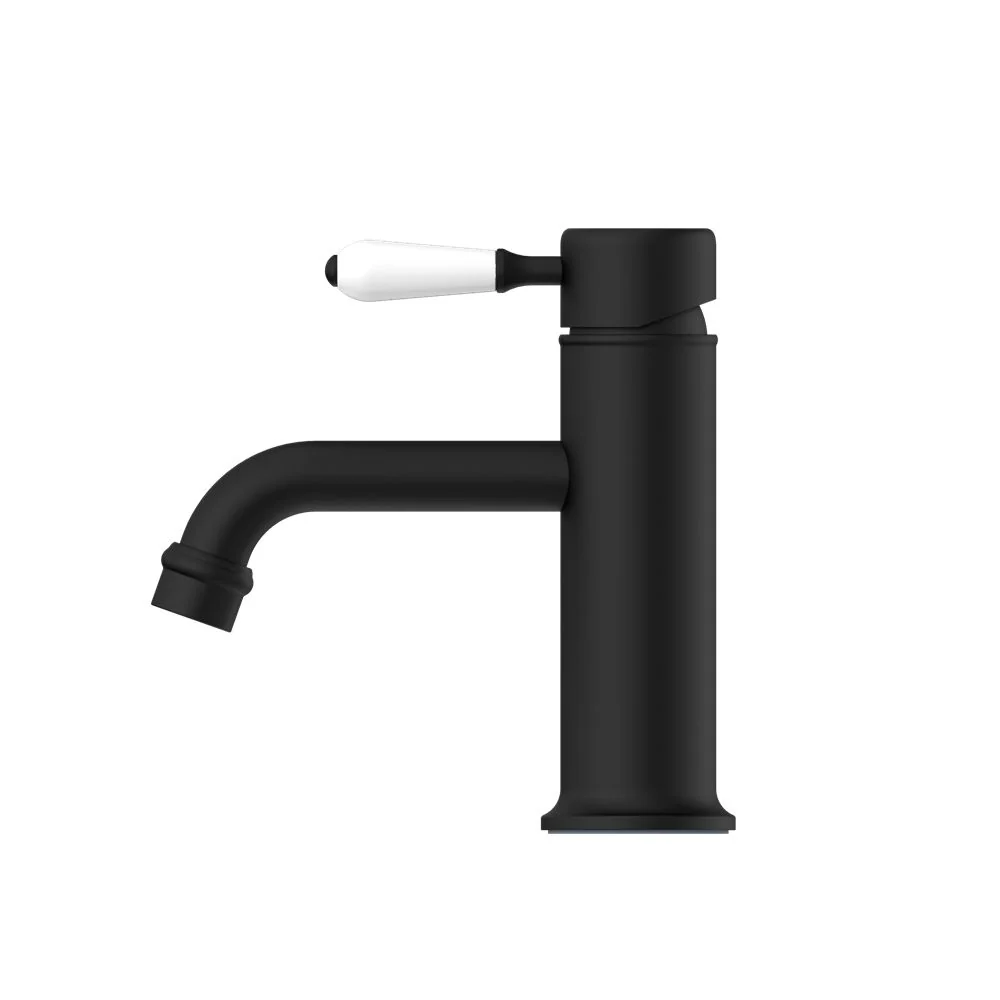 Nero York Straight Basin Mixer With White Porcelain Lever - Black Matte - Image 2